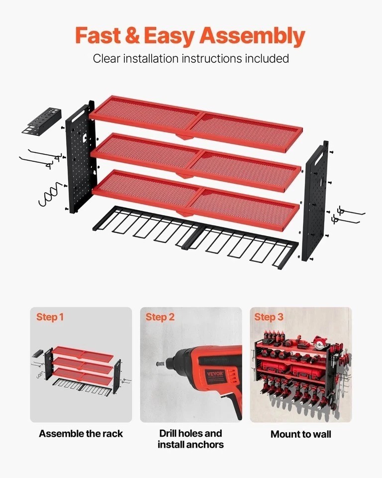 Power Tool Organizer Wall Mount 4-Layer Drill Storage Rack 8 Drill Holders