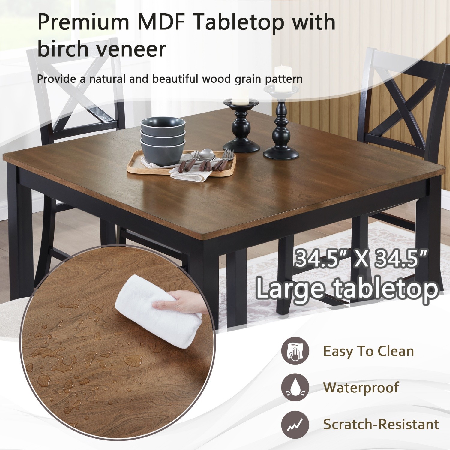 5-Piece Square Dining Table Set with Wood Kitchen Table and 4 Upholstered Chairs