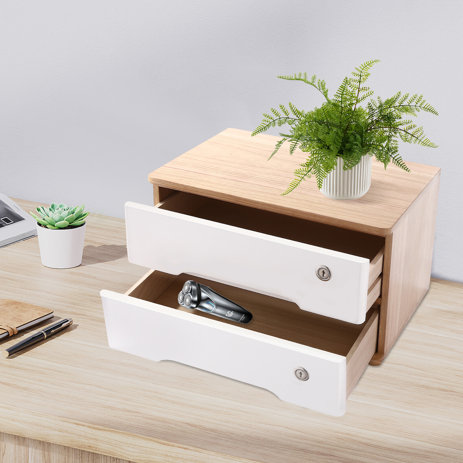 2-Tier Wooden Desktop Storage Box With Lockable Drawers Rectangle Desk Organizer