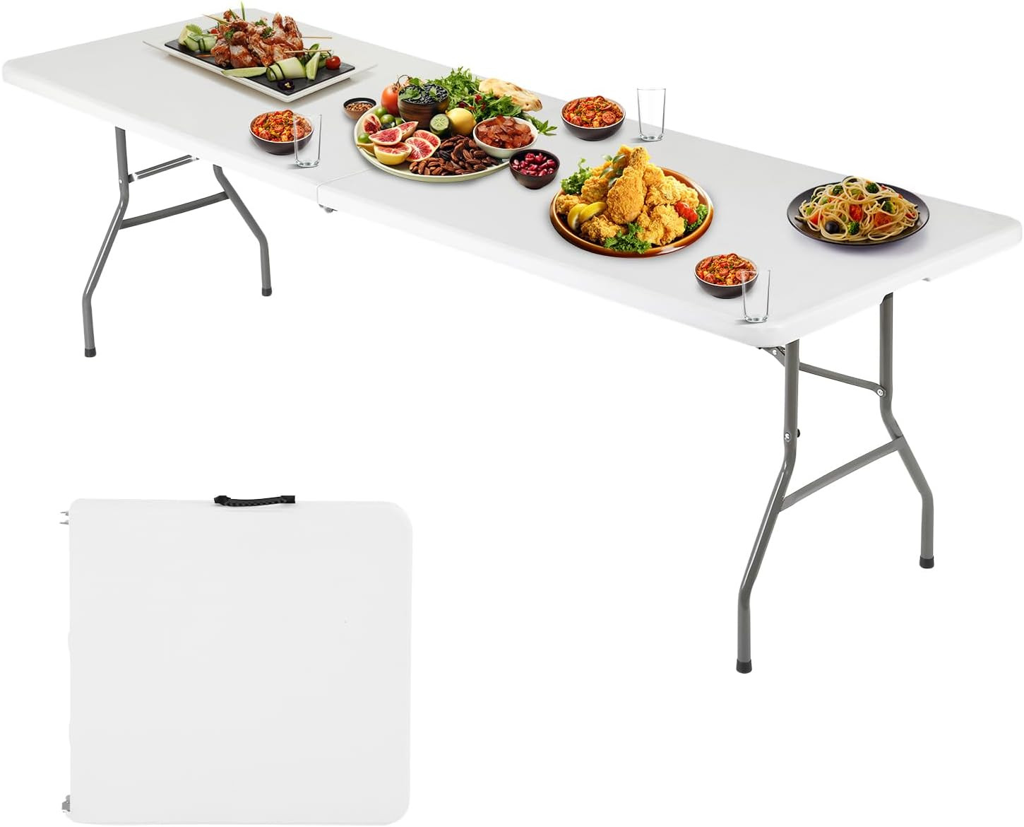 6ft Folding Table White Fold-in-Half Plastic Carry Handle Powder Coated Steel