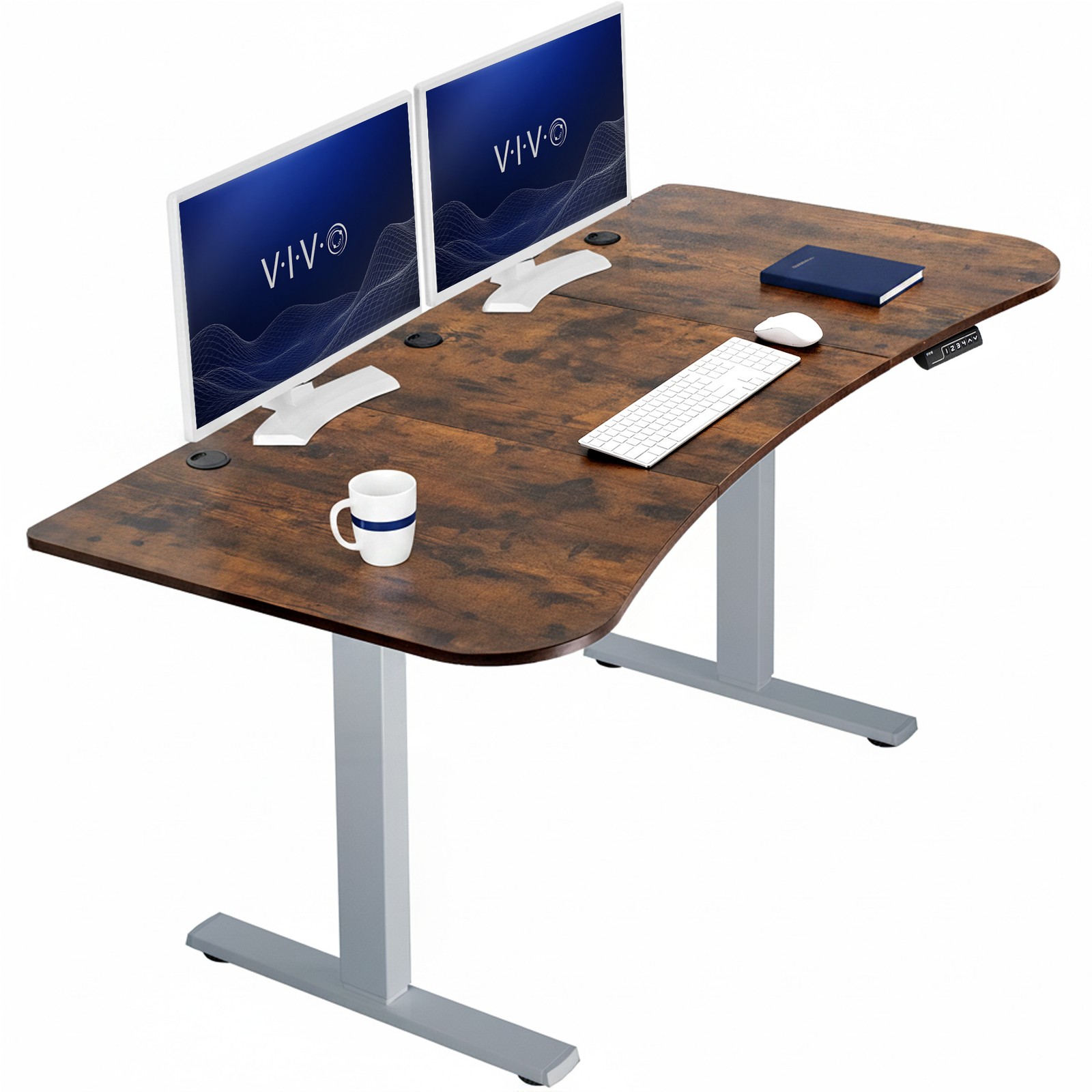 VIVO Electric 63” x 32” Stand Up Desk, Vintage Brown Table Top, Gray Frame