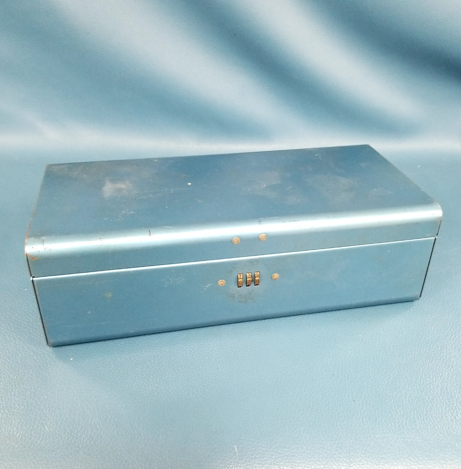 Vintage Bemis & Call Blue Metal Combination Lock Box Open w/Combination