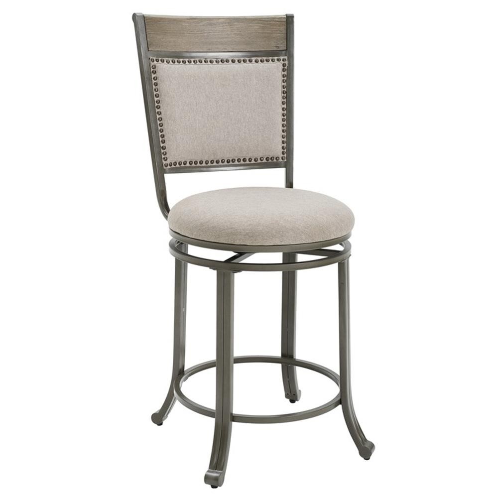 Pemberly Row 24" Traditional Metal & Fabric Swivel Counter Stool in Pewter/Beige