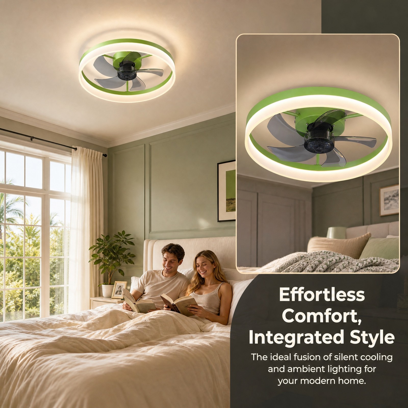20'' Modern Green Ceiling Fan with LED Light Remote APP Control Flush Mount Kit