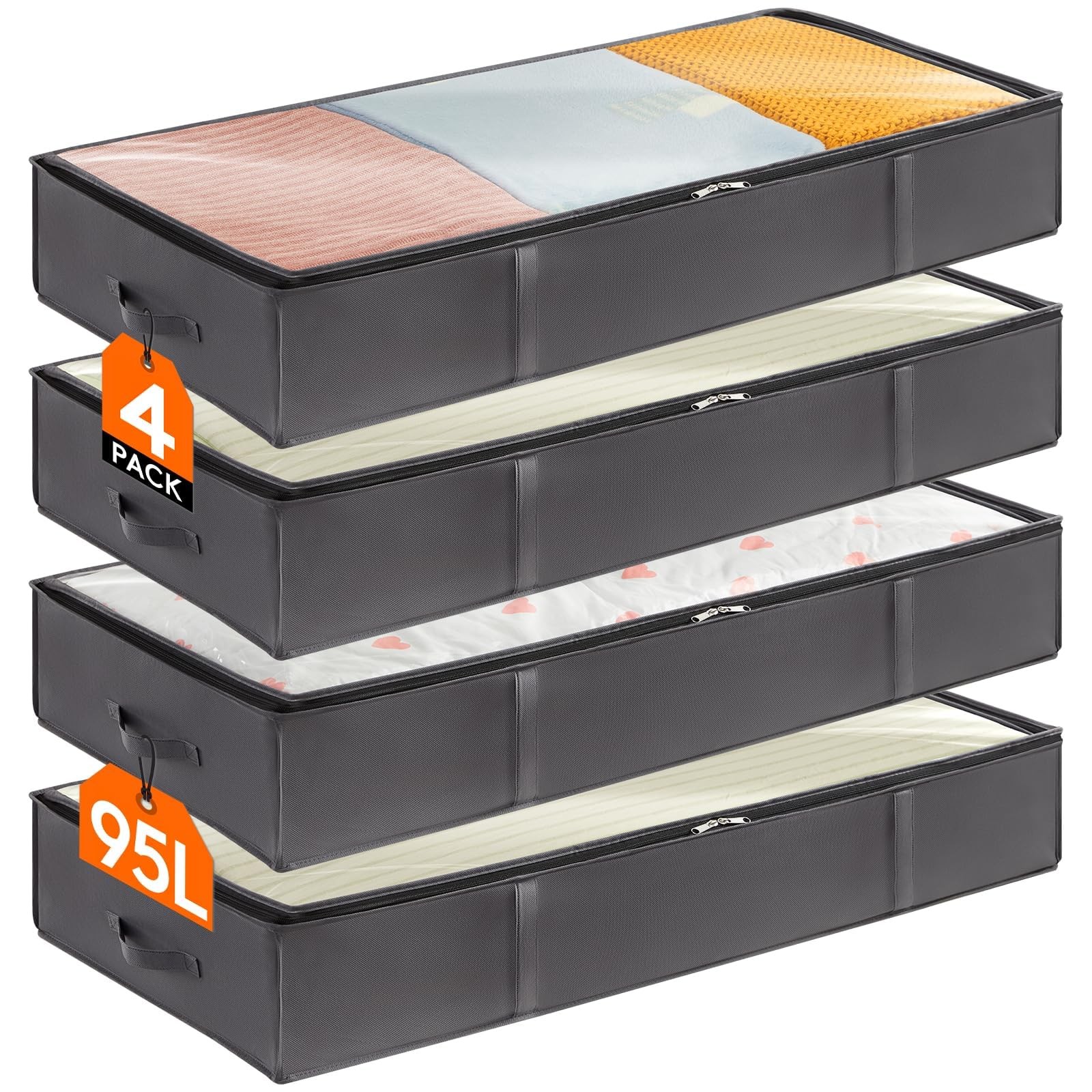 95L 4 Pack Under Bed Storage Containers, Large Capacity 90L, Gray