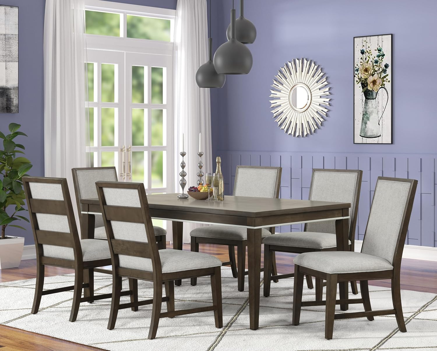 Aberll Wood 7-Piece Dining Room Set Table with 6 Side Chairs, Gray