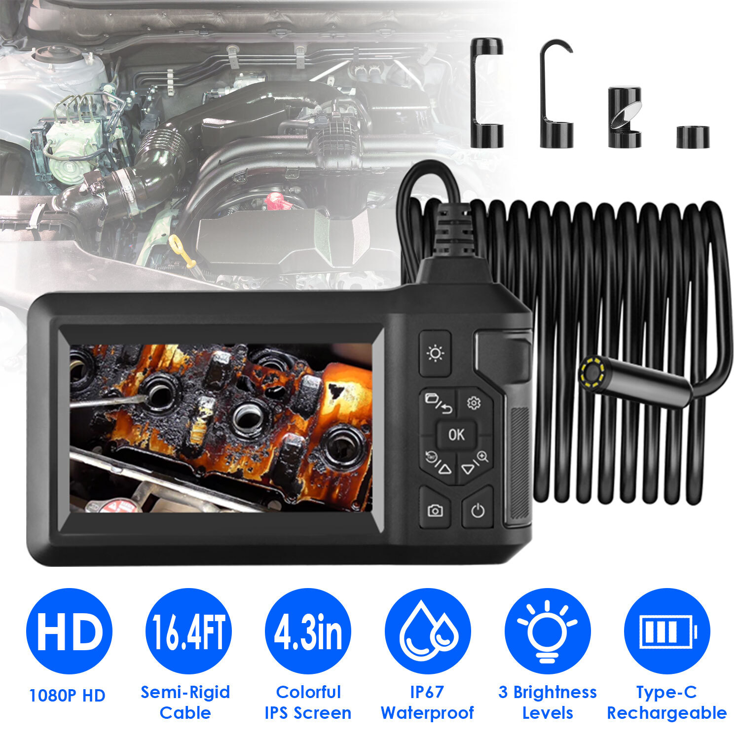 1080P Endoscope Camera 4.3'' Screen Borescope Inspection Snake Camera 16.4FT