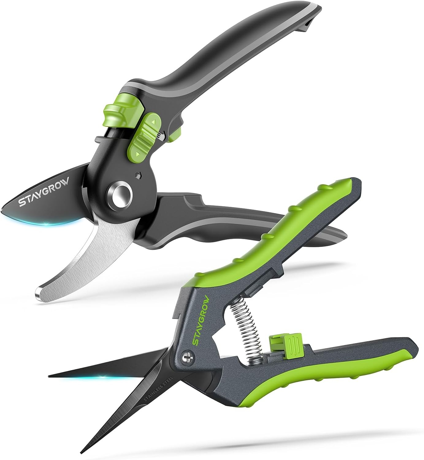 Garden Shears Set: 8.5" Bypass Pruning & 6.5" Straight Green & Black