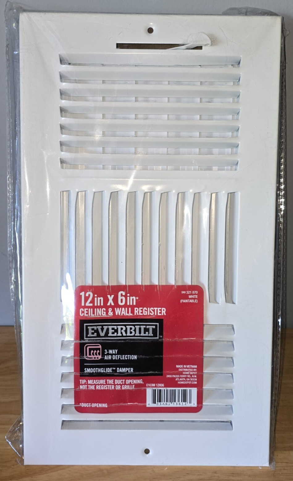 EVERBILT 12" x 6" White Adjustable Wall & Ceiling Register 3-Way Damper