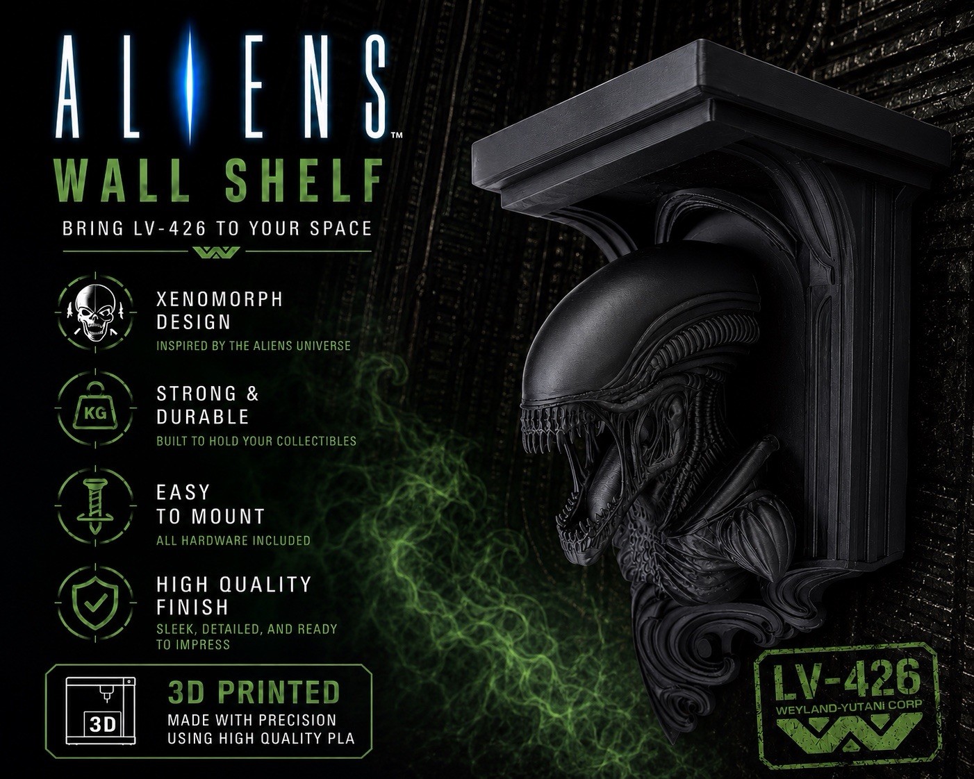 Horror Alien Xenomorph Like 6x5 Top Floating Wall Shelf New