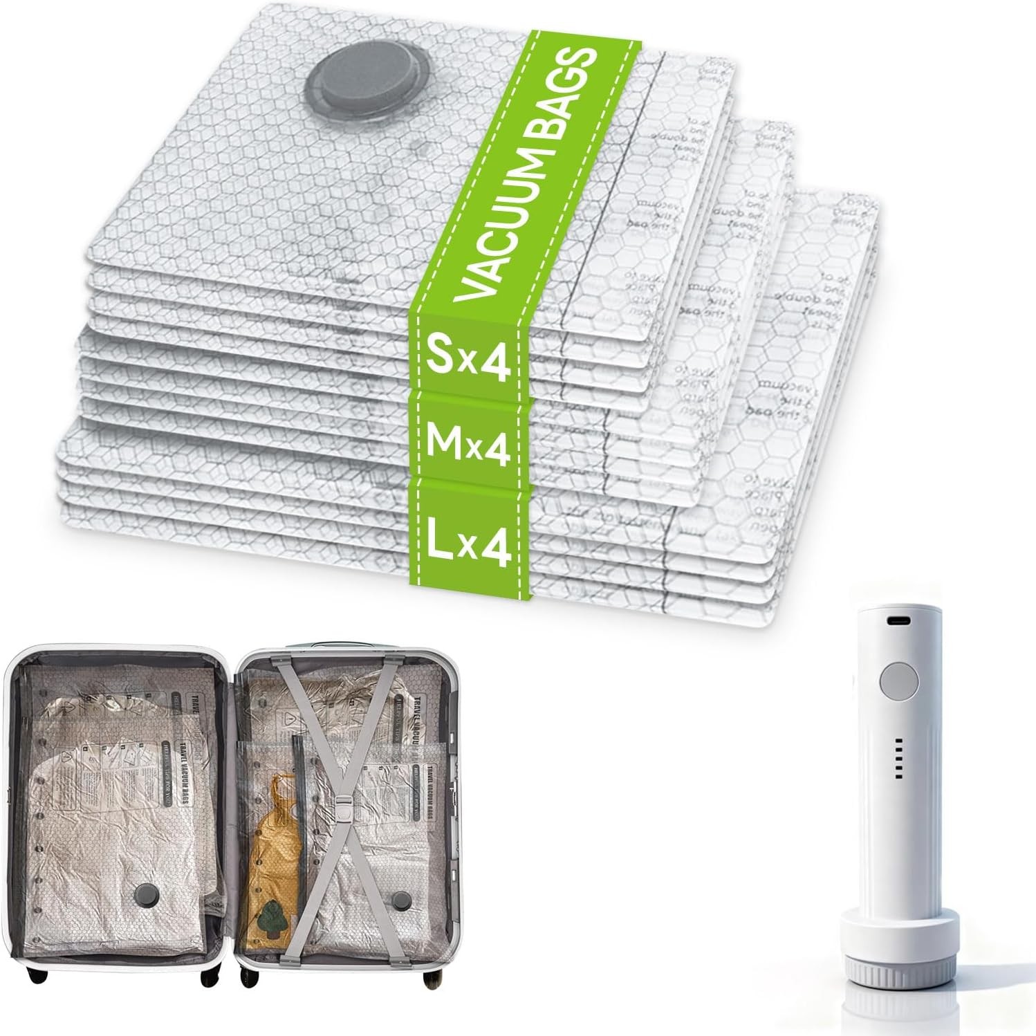 12 Pack Travel Vacuum Storage Bags with Rechargeable Pump 3 Sizes for Clothing