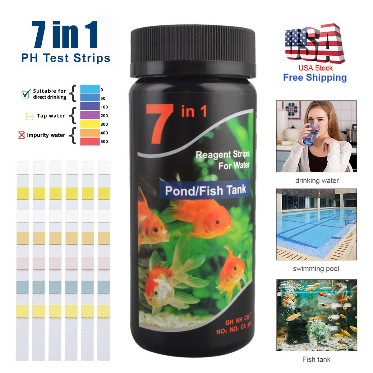 100/200 Aquarium Test Strips Fish Tank 7IN1 PH Water Test Strips Kit Freshwater※