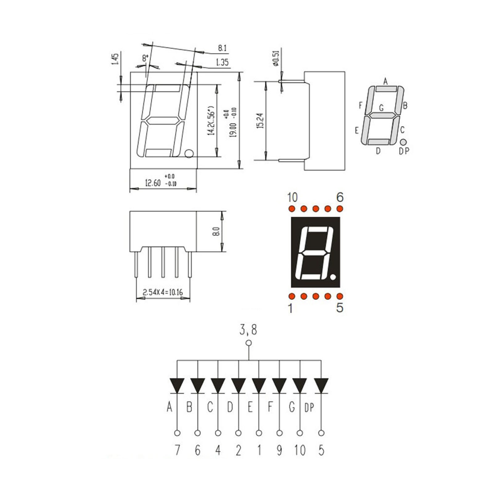 5Pcs Common Anode 7Segment 10Pin 1Bit 2.1V 0.56" LED Display Red