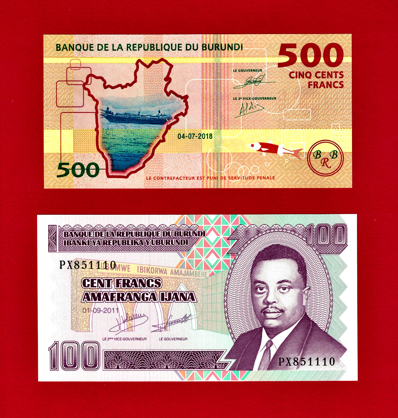 2 Burundi UNC Banknotes 100 Francs 2011 (Pick-44) & 500 Francs 2018 (Pick-50b)