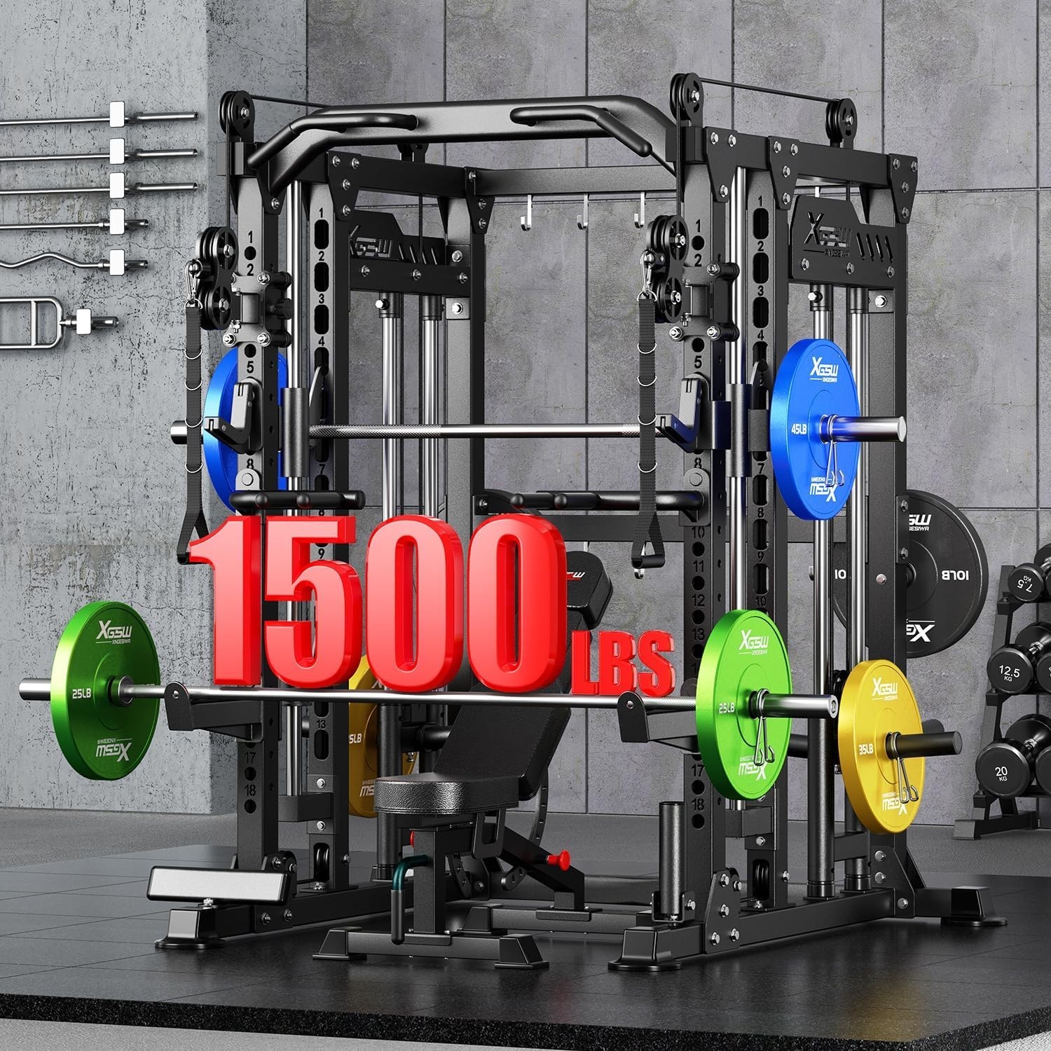 Smith Machine with Cable Crossover System, Multi-Function Power Cage Squat Rack