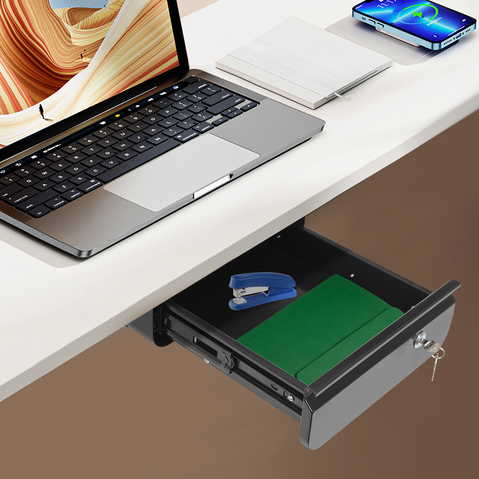 Sliding Under Desk Storage Drawer Pull-out Drawer With Lock For Stand Desk Black