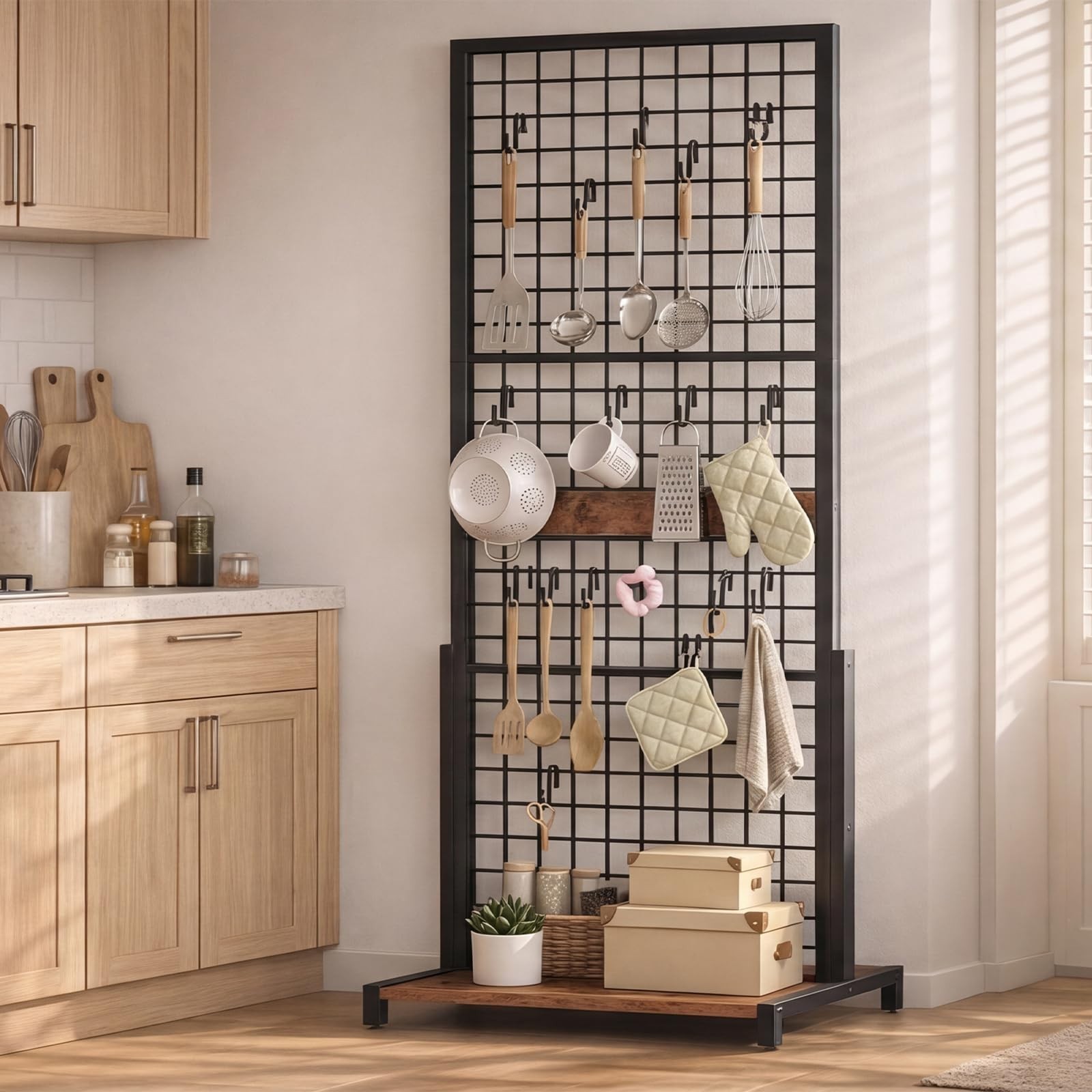 Movable Grid Display Rack 5.6' x 2.1' Ft, Wire Panel Stand with Hooks for Storag
