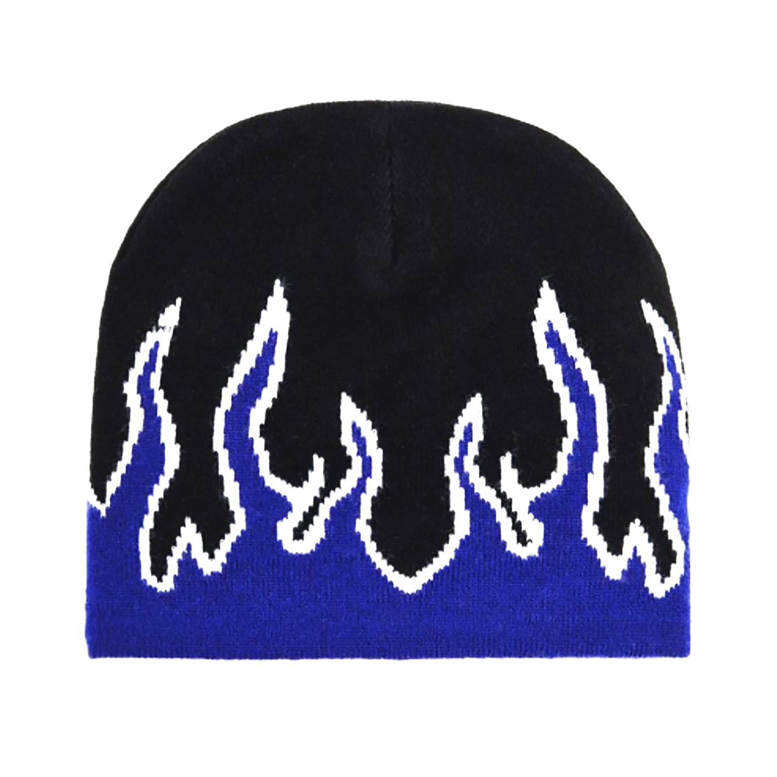Royal Blue Black White Beanie Pinstripe Flame Knit Stocking Cap Hat Racing Biker