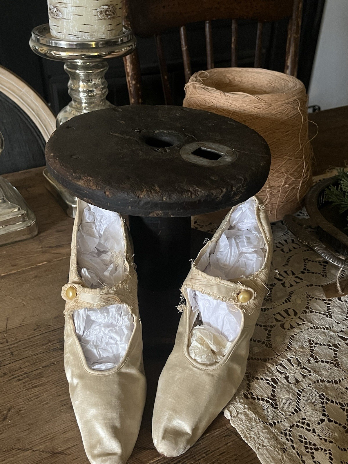 General Store Display DARK Wood Textile Mill Thread Silk Spool Primitive Plinth