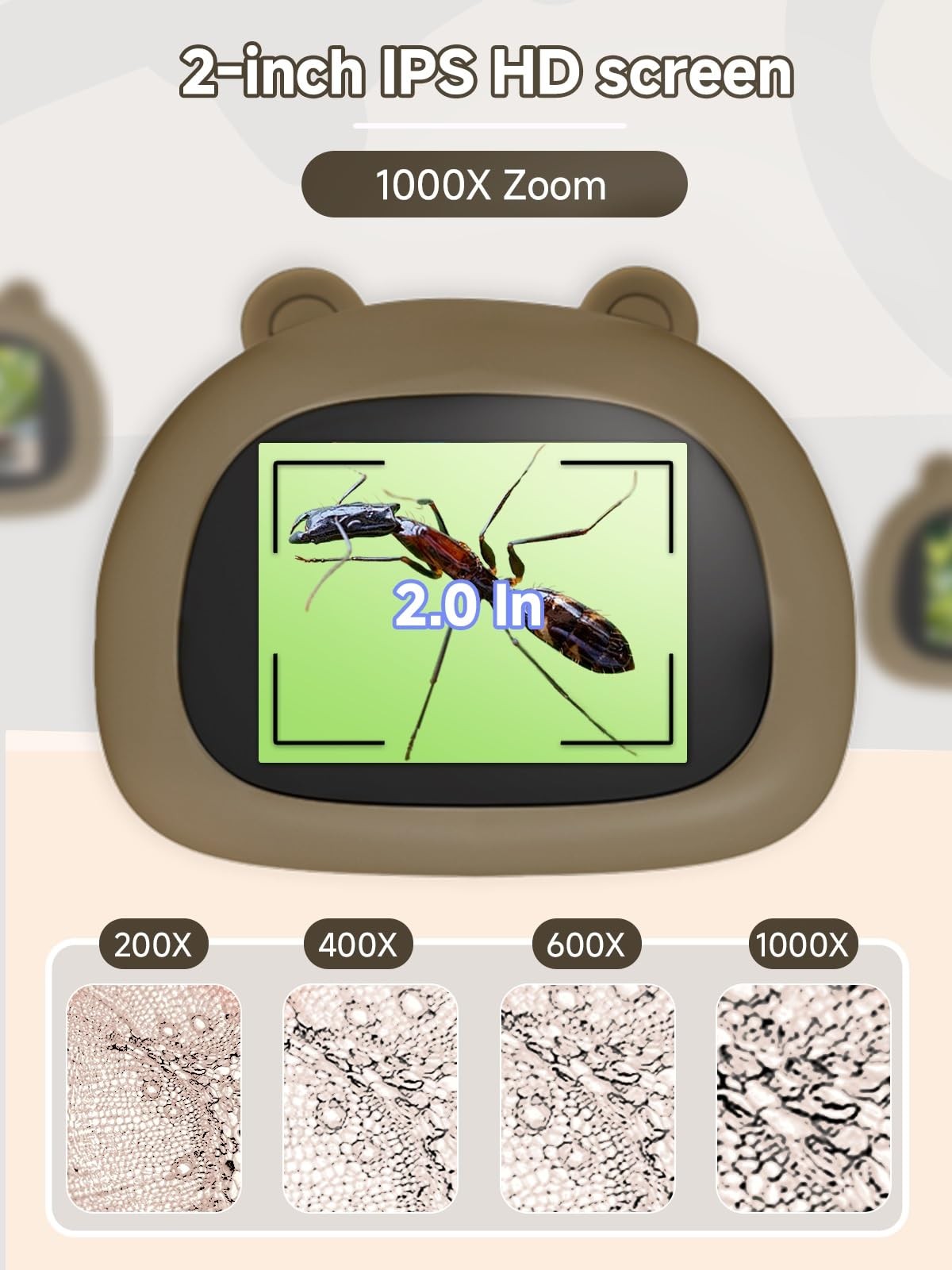 Acoath Microscope for Kids, 1000X Handheld Digital Miniscope with 2.0" Brown