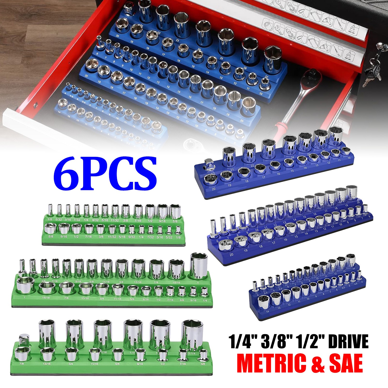 Magnetic Socket Organizer 6pcs 1/2 3/8 1/4-inch Drive Socket Holder SAE & Metric