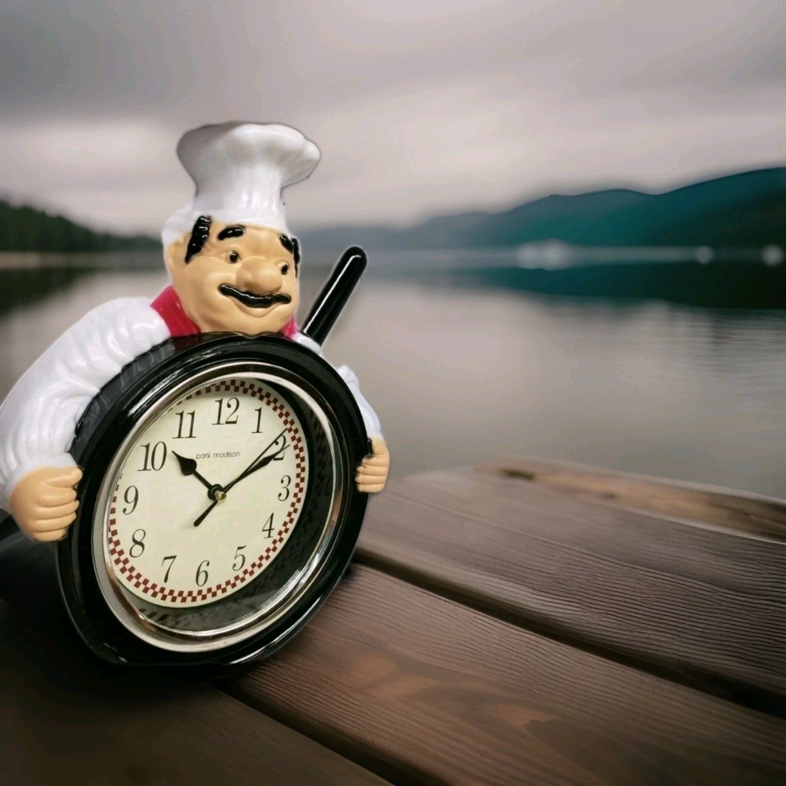 Plastic Kitchen Wall Clock, 11", FAT CHEF WITH FRYING PAN, black, Park Madison