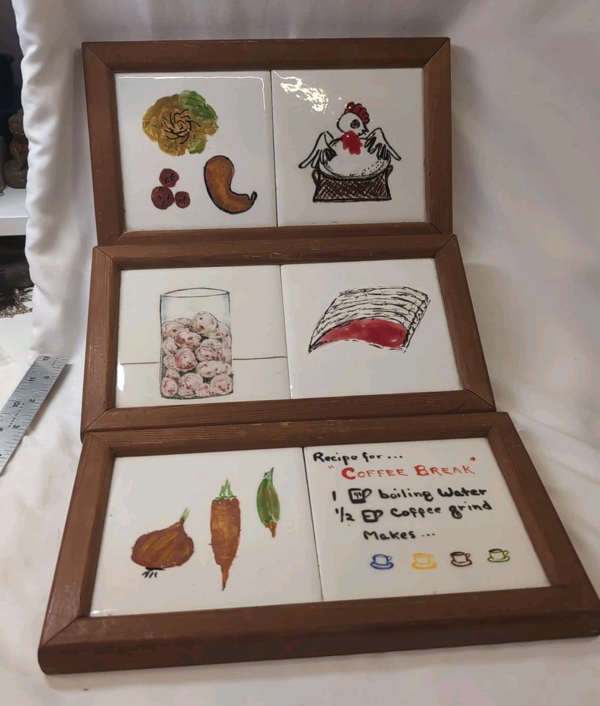 Primitive Vintage Hand Painted Ceramic Tiles Vintage Framed Set Of 6