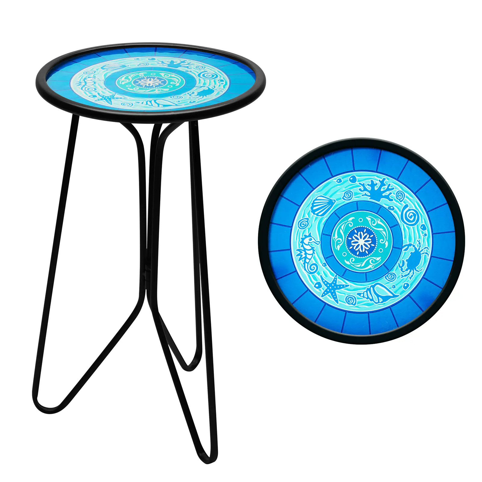 G128 12 in Round Glass Outdoor Side Table Ocean Pattern Plant Stand