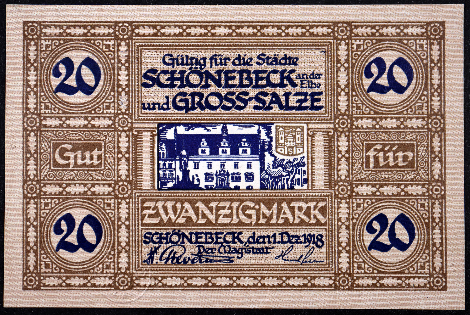 SCHÖNEBECK and GROSS-SALZE / BAD SALZELMEN 1918 20 Mark Grossnotgeld Germany