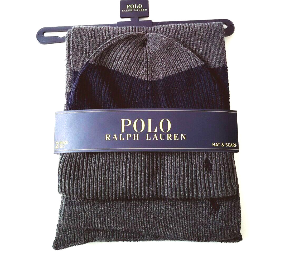 Polo Ralph Lauren Men`s Hat & Scarf 2pc Set Pony Logo Gray ~ Navy