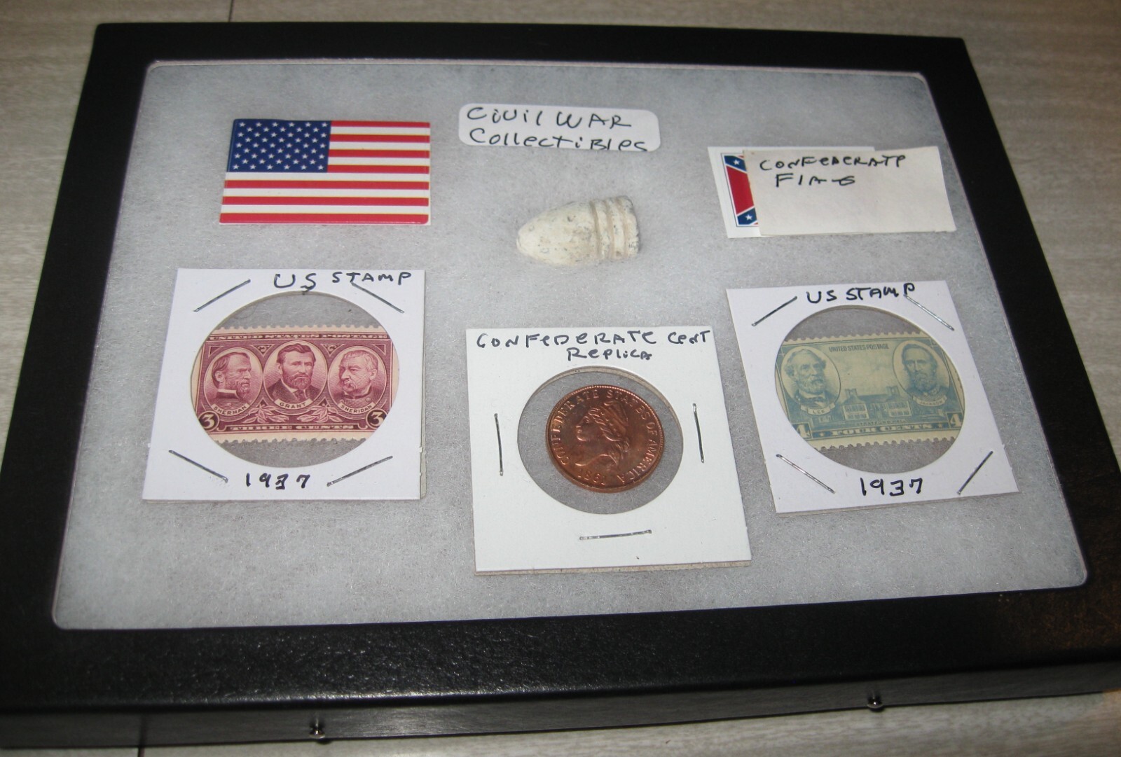 CIVIL WAR COLLECTIBLES, AUTHENTIC BULLET,  1937 U S STAMPS, FLAGS,  REPLICA CENT