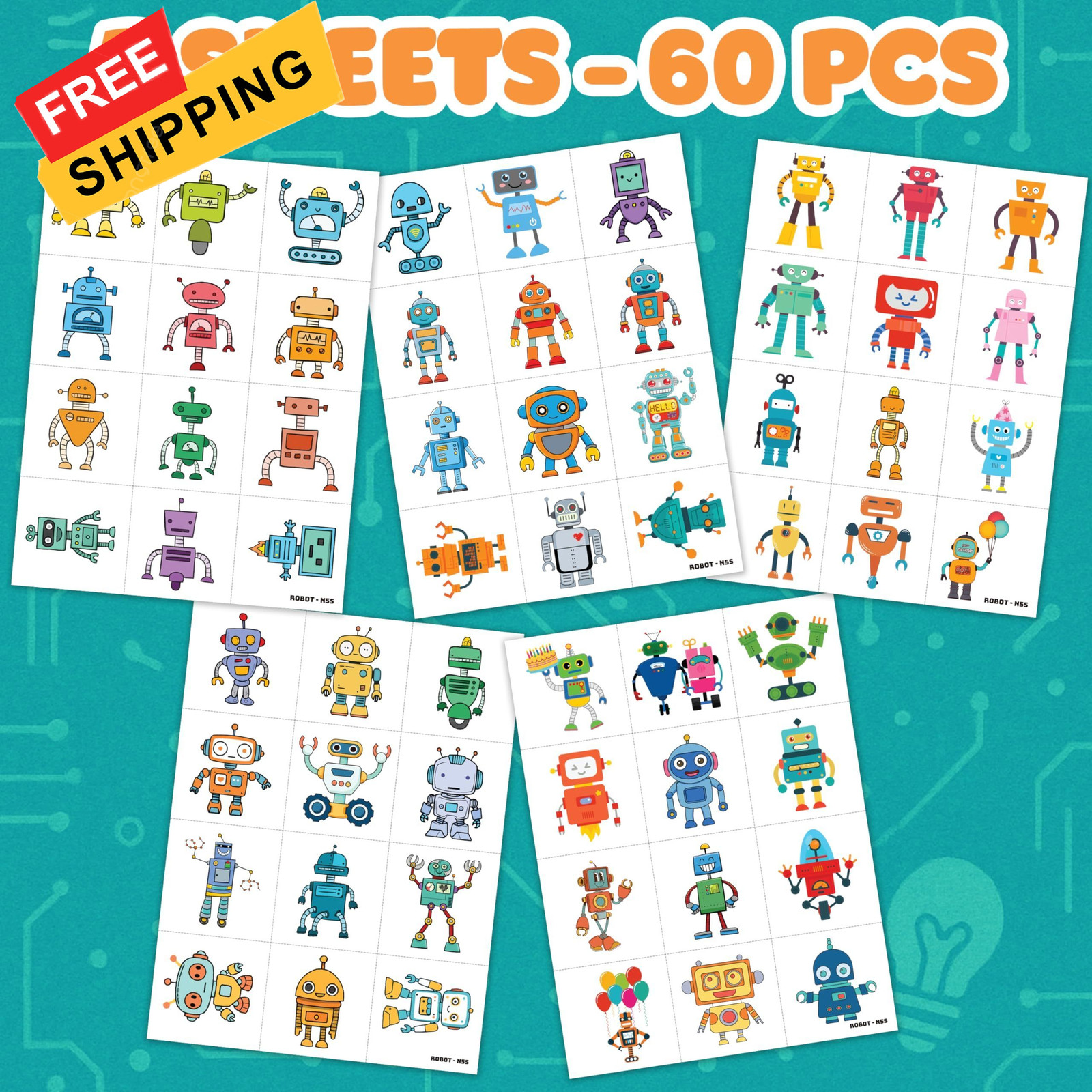 Cute Robot Temporary Tattoos for Kids 60 PCS (5 Sheets) Small, Multicolor