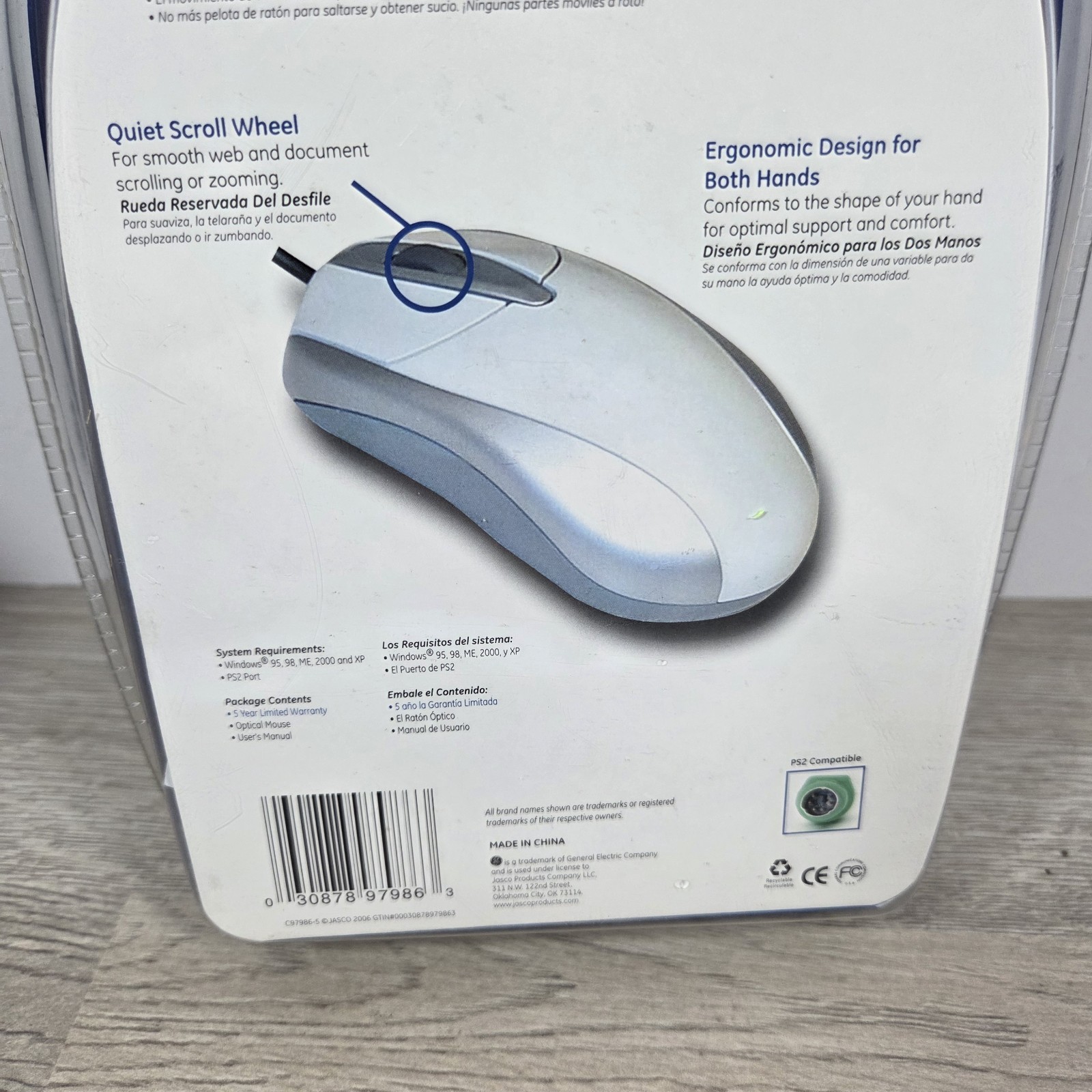 New GE Optical Mouse Wired Model 97986, Grey Ergonomic Quiet, Scroll Wheel
