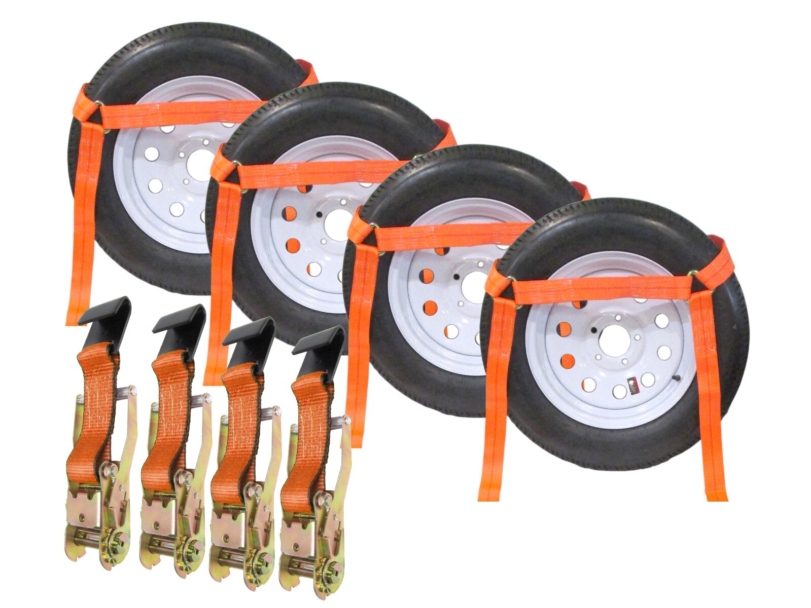 2" Flat Hook Side Rail Basket Ratchet Tie Down Assembly - Orange Pack of 4