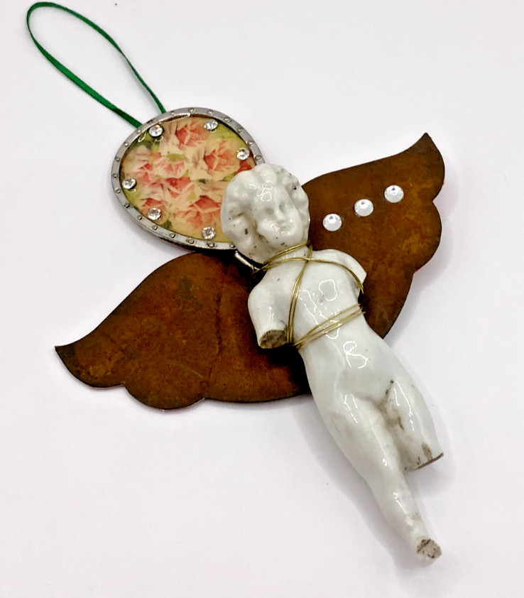 Assemblage Art Recycled Repurposed Angel Ornament Broken Frozen Charlotte Doll