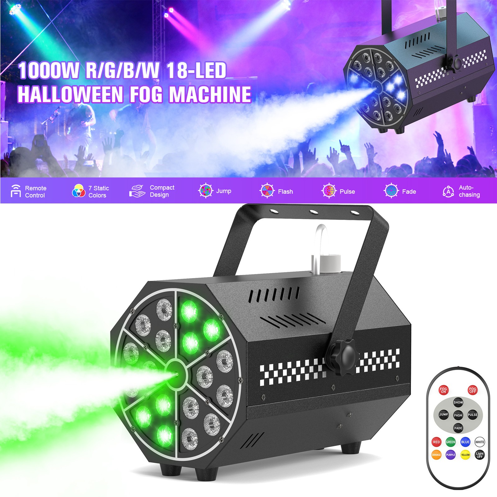 1000W Fog Smoke Machine 18LED RGB Light Remote Control for Parties Stage Effect