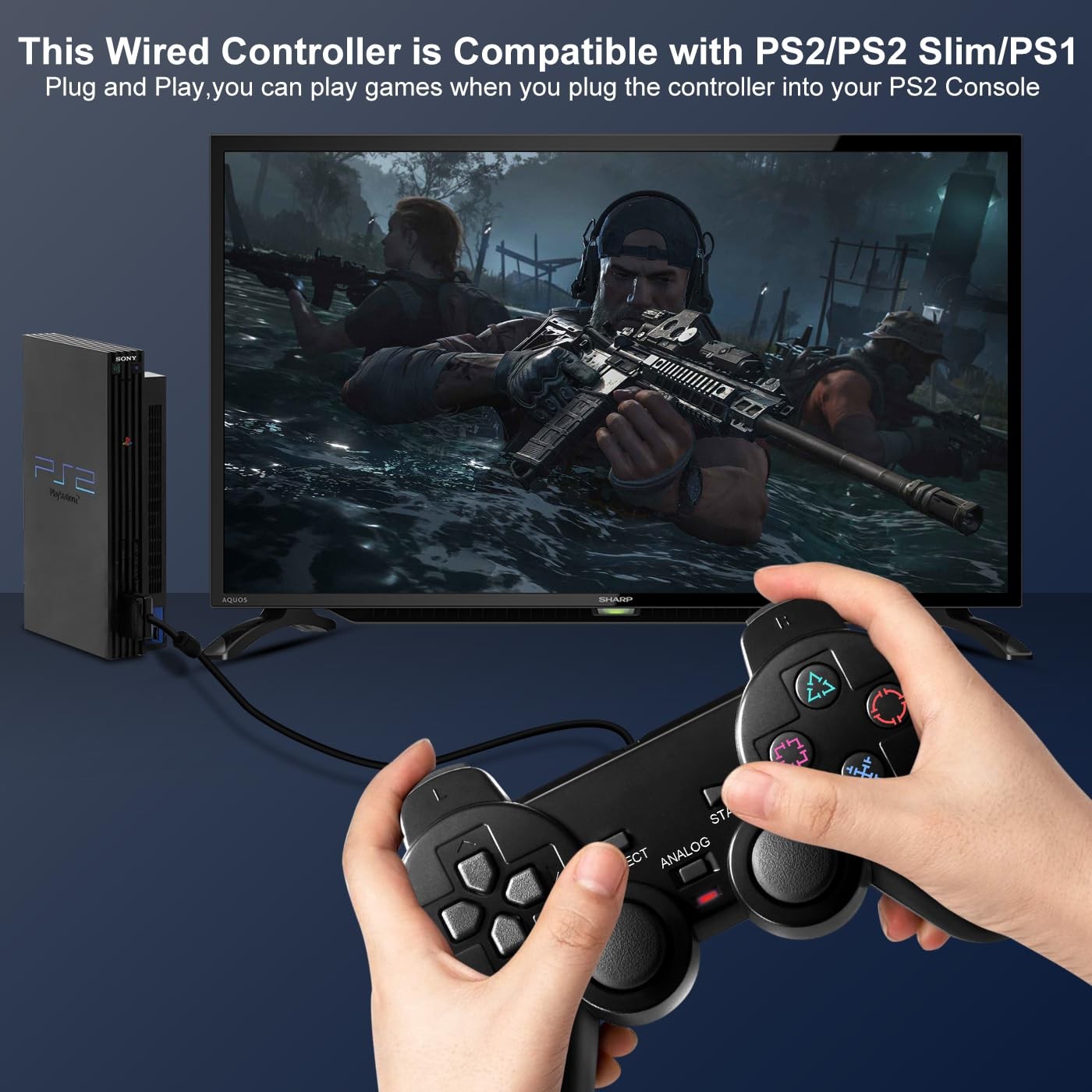 Wired PS2 Controller 2 Pack for PS2, PS2 Slim, PS1 with Dual Vibration Feature