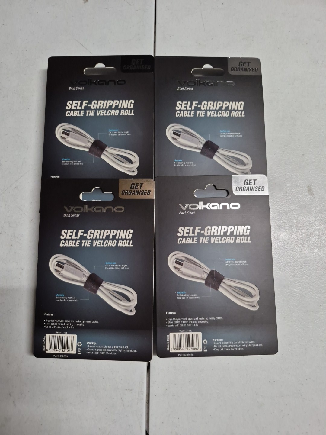 Lot 4 Volkano Reusable Adjustable Cable Organizer Tape Cord Wrap