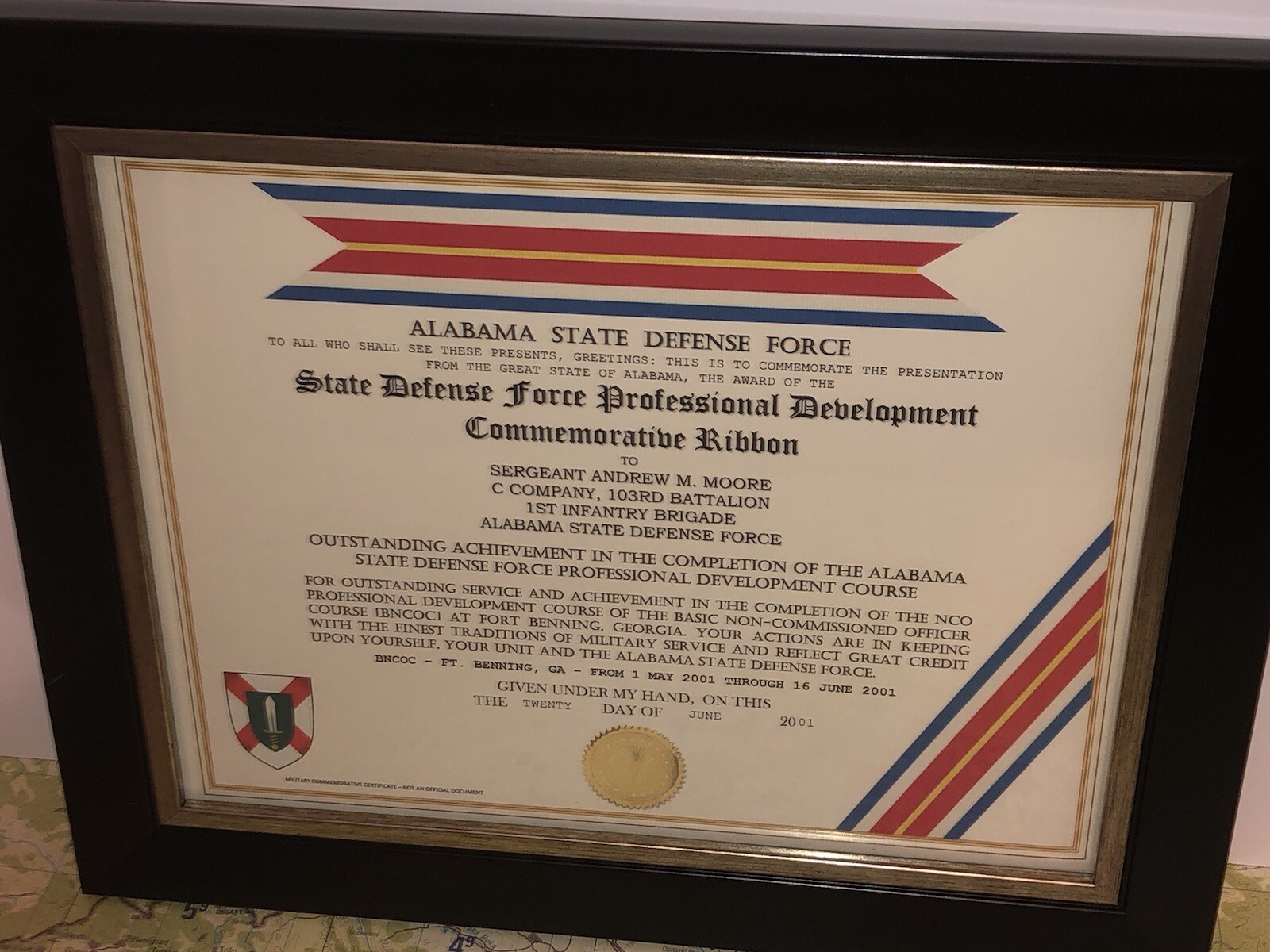 ALABAMA DEFENSE FORCE PROFESSIONAL DEVELOPMENT COMMEMORATIVE RIBBON CERTIFICATE