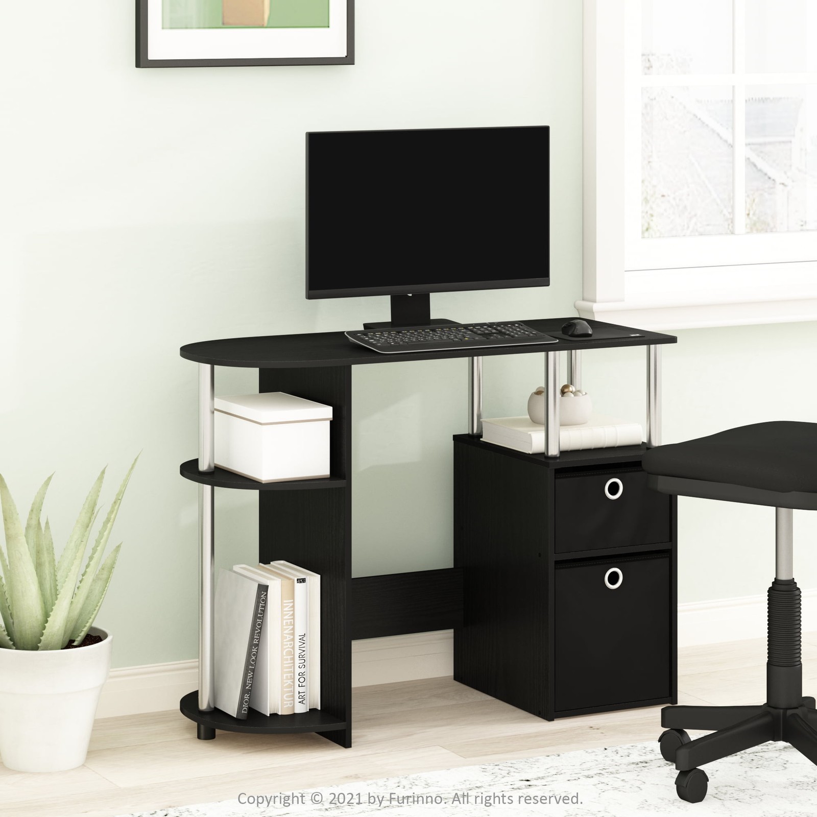 Simplistic Computer Study Desk W Bin Stainless Steel Tubes & Space Saving Design