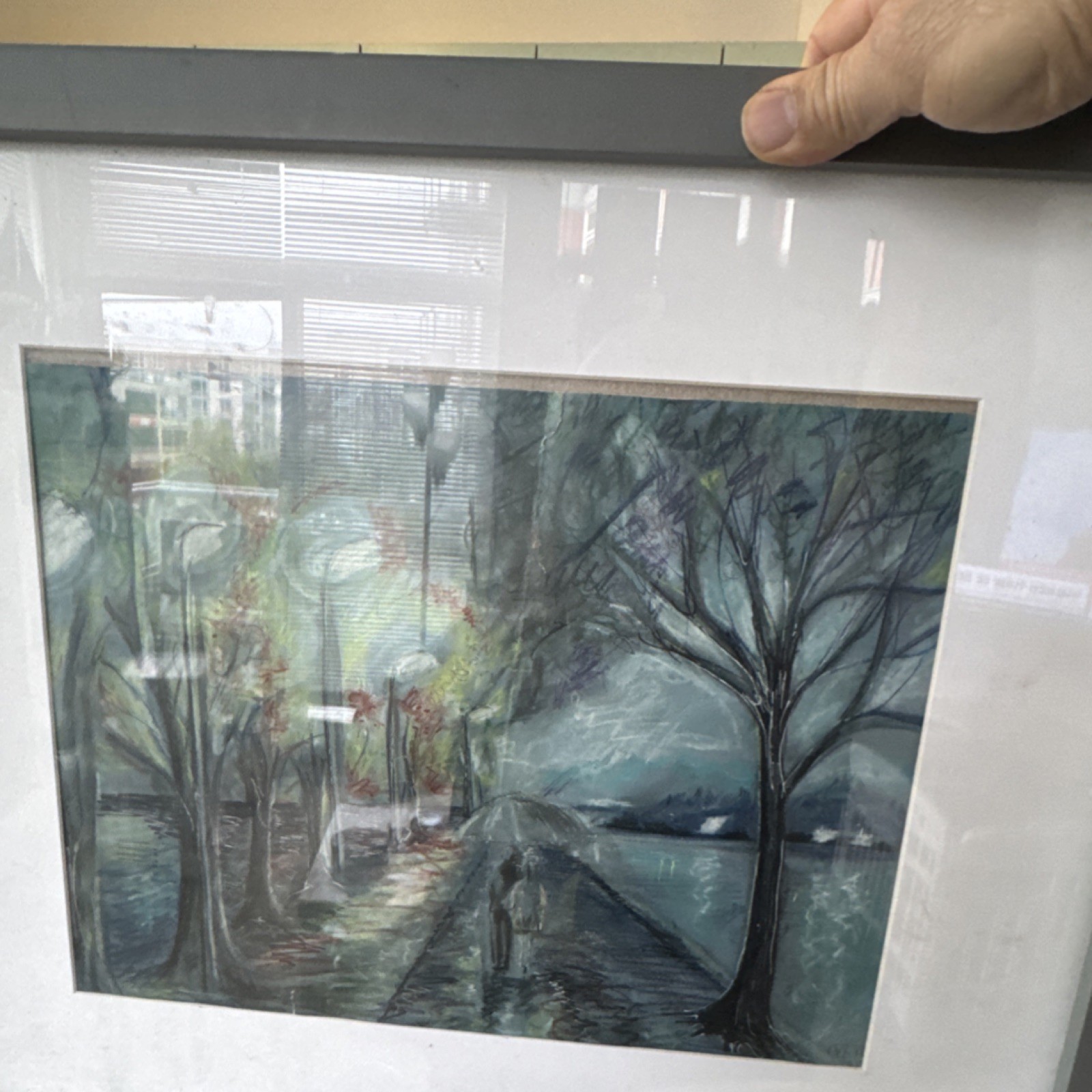 Framed Original Drawing Figures Trees Water Landscape Contemporary Art