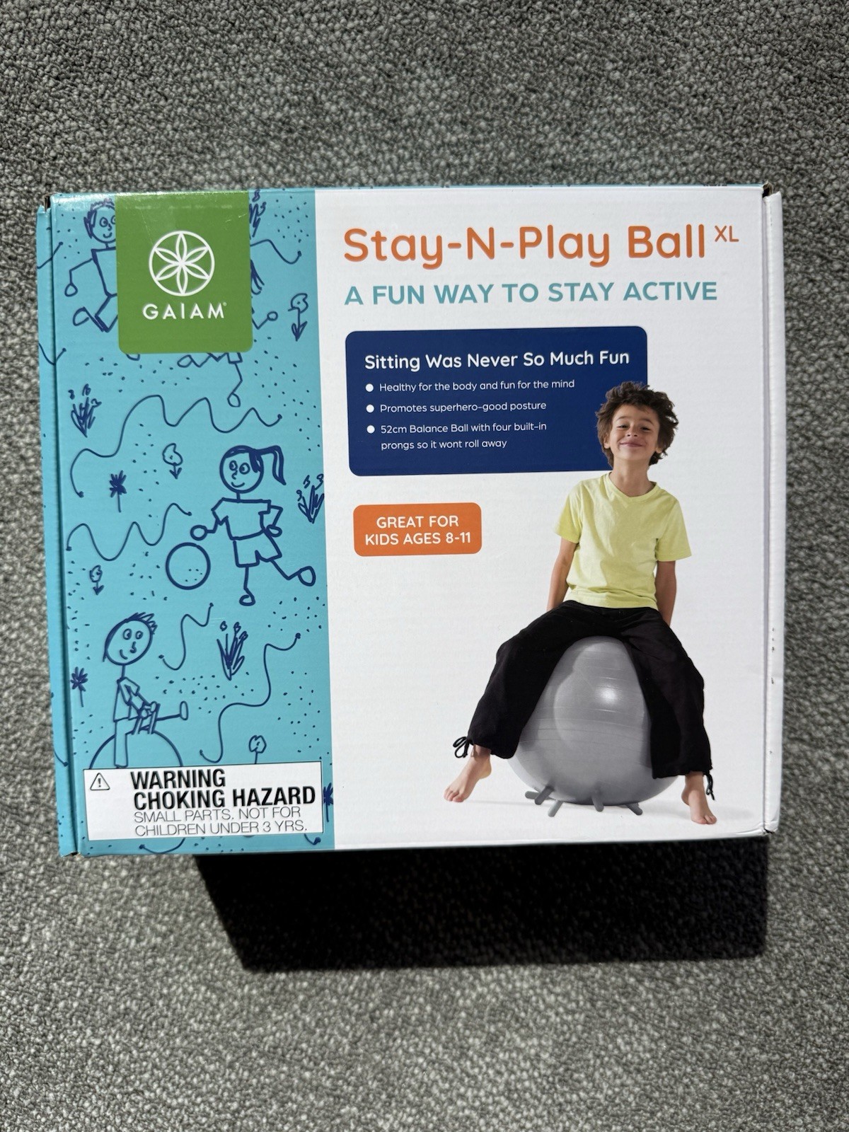 Gaiam Stay-N-Play Ball XL Kids Yoga Stability Ball w/ Pump Gray Ages 8-11