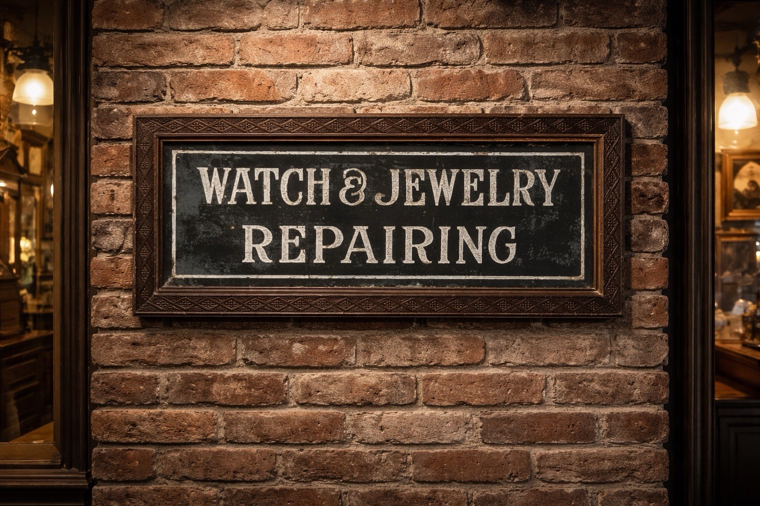 Vtg Trade 1910s Watch Repairing Advertising Country Primitive Glass Sign