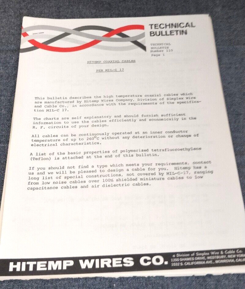 1960s HI Temp Wires Co. ~  Technical bulletin 110 ~ Hi Temp Coaxial Cable