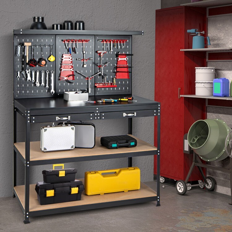 Workbench Multi Purpose Garage Wood Work Table Tool Organizer w/Drawers & Hooks
