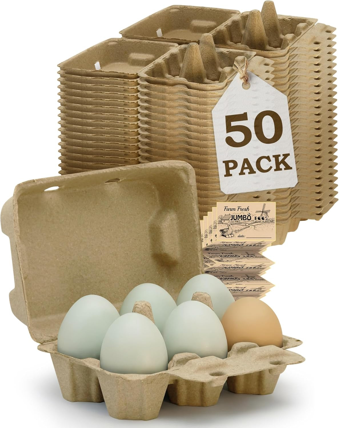 Duck Egg Cartons 50 Pack - Holds 6 Eggs Each, Thick Recycled Pulp with Pillar Su
