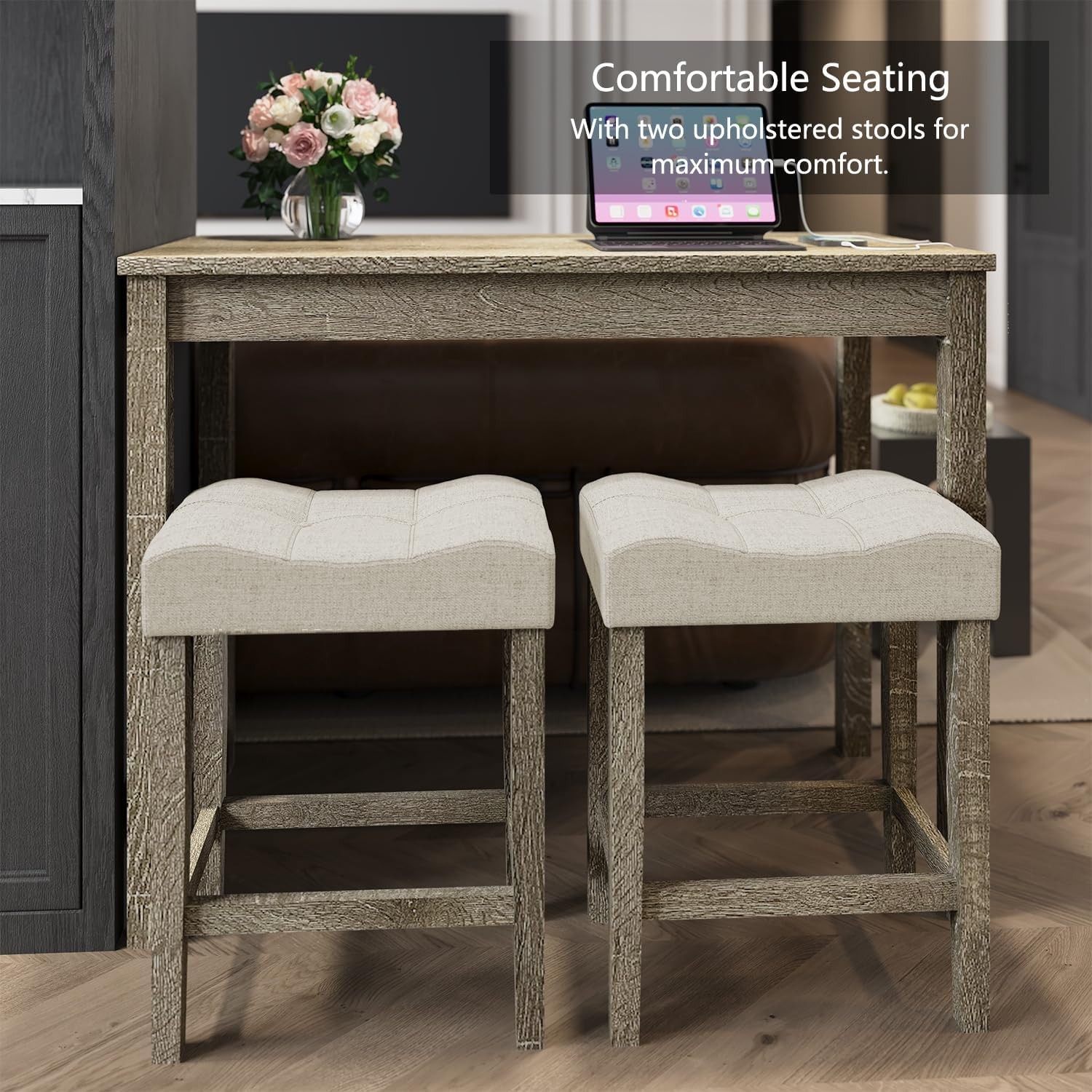 3-Piece Counter Height Bar Table Set with Socket and 2 Fabric Padded Bar Stools,