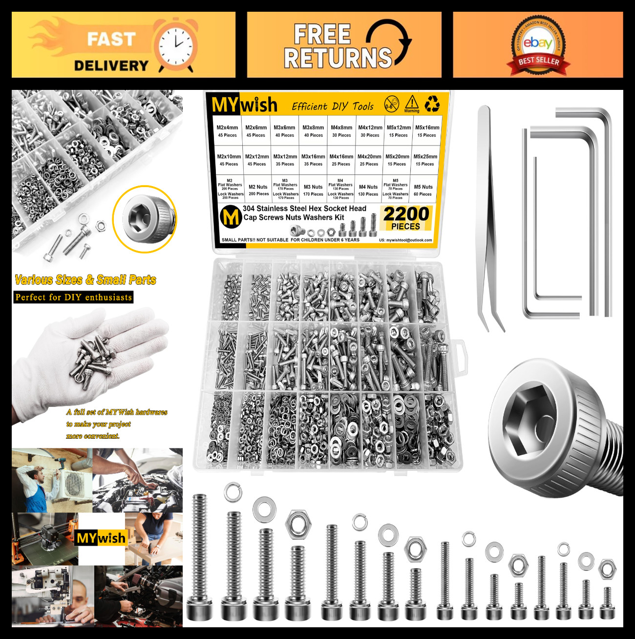 2200pc M2-M5 Metric Screw Assortment Kit - Stainless Steel Bolts, Nuts, Washers