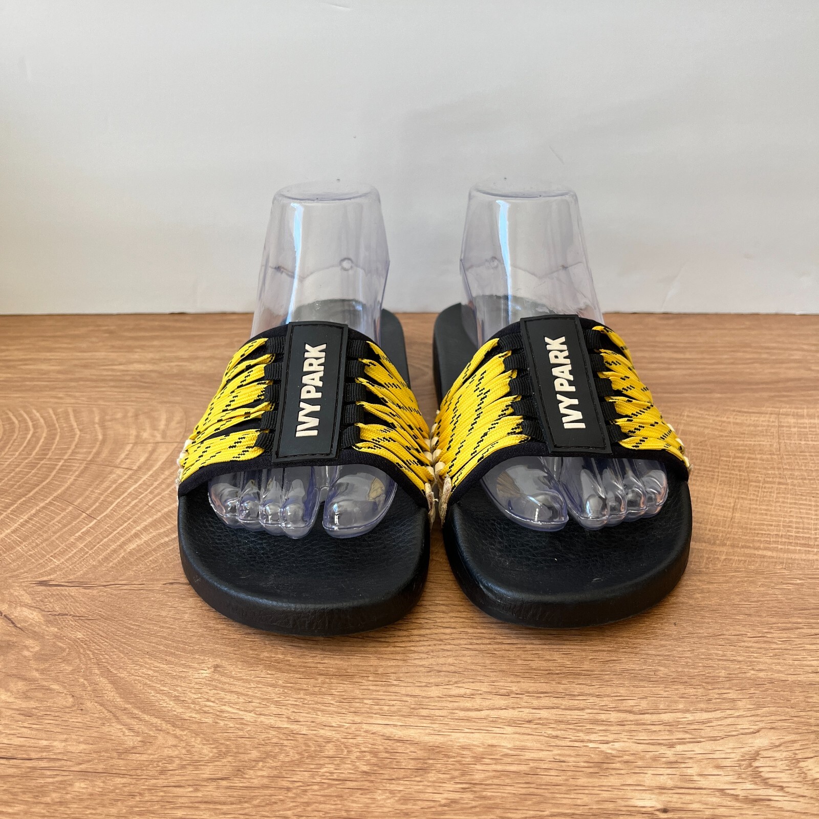 Ivy Park Black & Yellow Lace Up Slider Sandals Men's Size 4 Women's Size 5