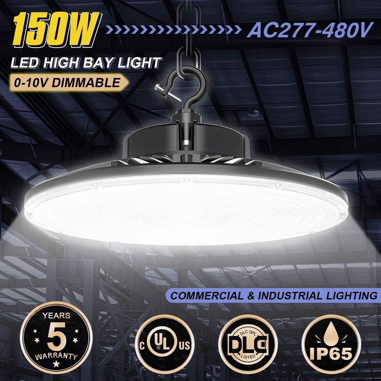 480V UFO LED High Bay Light 150W, 5000k 0-10V Dimmable High Bay LED Shop Lights